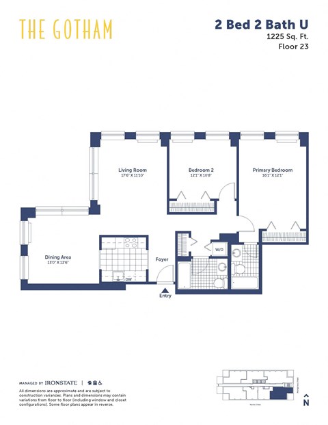 Floor plan for 2 beds, 2 baths, 1225 sqft